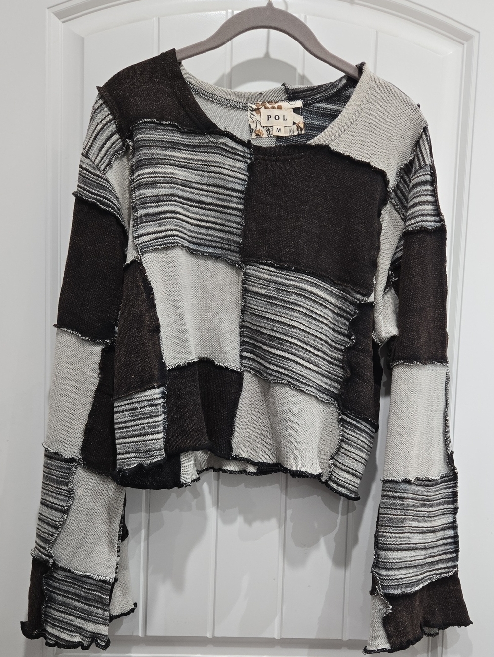 POL Black & Brown Patchwork Knit Long-Sleeve Top